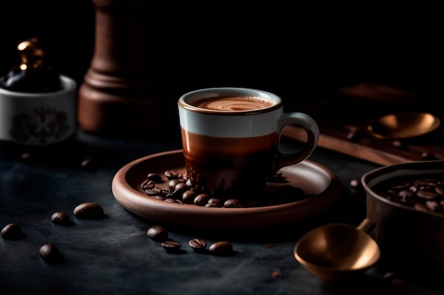 Brown and white cup of coffee and coffee beans