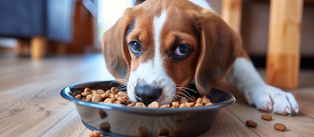 茶色と白い犬が鉢から食べている