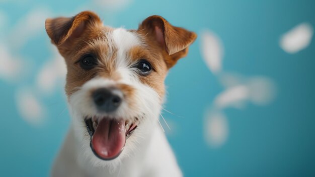 A brown and white dog is sitting on a blue background with its tongue hanging out