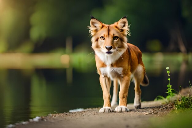 a brown and white dog is standing on the edge of a lake