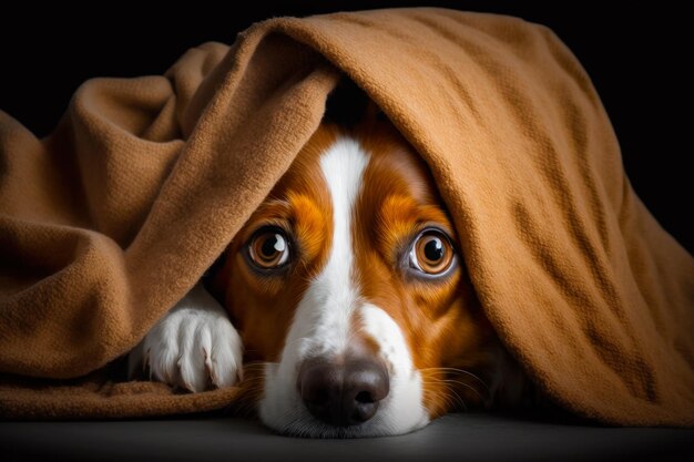 Brown and white dog laying under blanket on top of floor Generative AI