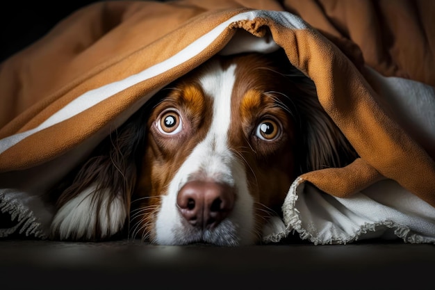 Brown and white dog laying under blanket on top of floor Generative AI