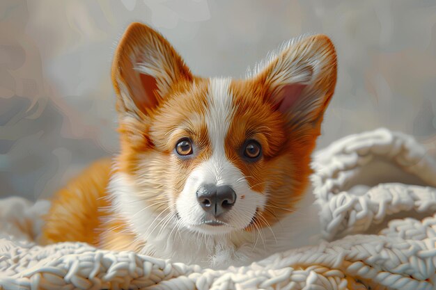 A brown and white dog laying on top of a blanket