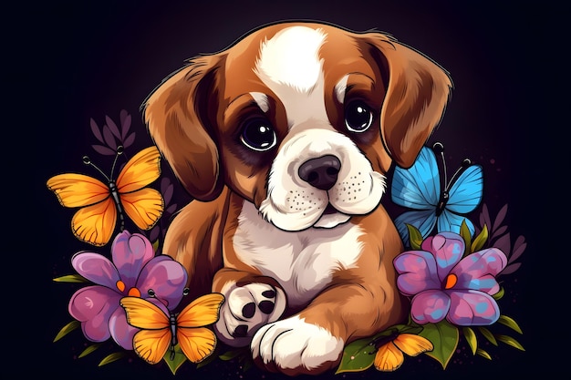 Brown and white dog laying on top of pile of flowers and butterflies Generative AI