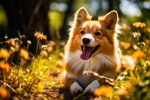 草に覆われたフィールドの上に座る茶色と白の犬 生成 AI