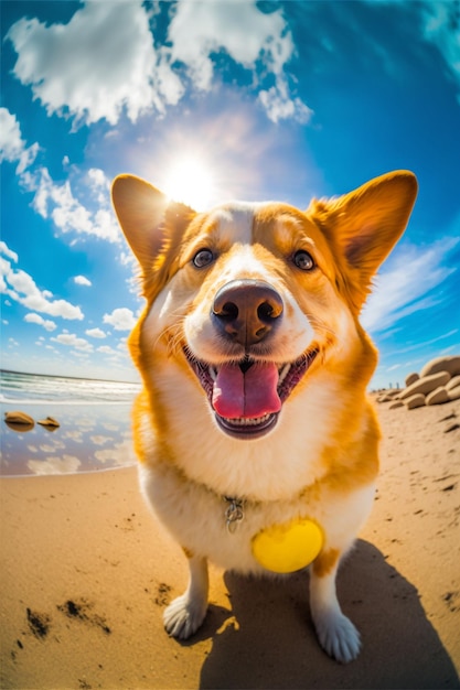 砂浜の上に座っている茶色と白の犬の生成ai