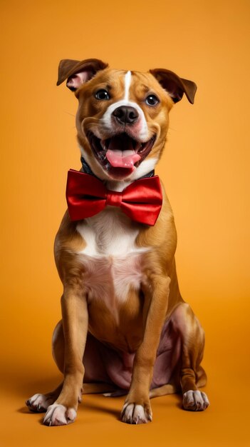 Brown and white dog sitting with red bow tie on its head