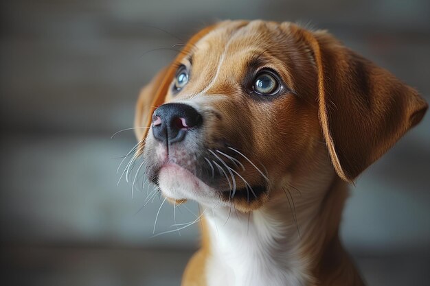 A brown and white dog with blue eyes