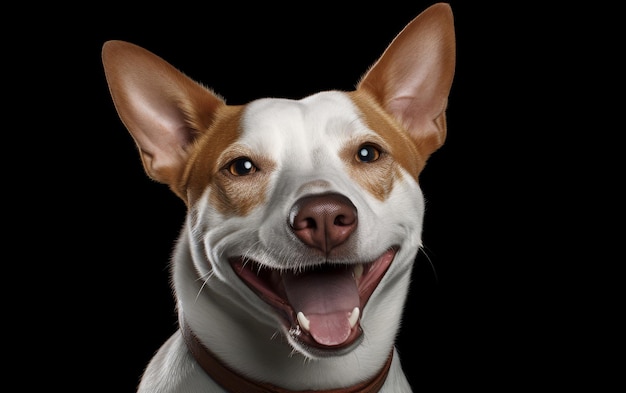 Photo brown and white dog with mouth open