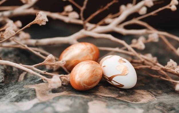 A brown and white easter egg sits on a branch with a gold paint drip on it