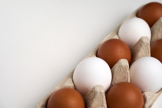 Photo brown and white eggs in carton on white with clipping path