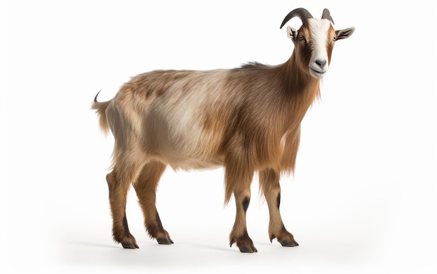 Photo brown and white goat with long horns