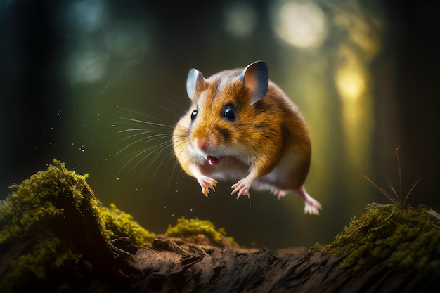 Brown and white hamster jumping in the air over mossy ground Generative AI