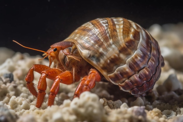 A brown and white hermit crab is on a sandy surface