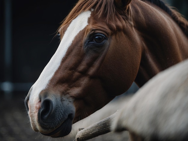 a brown and white horse with a white patch on its face
