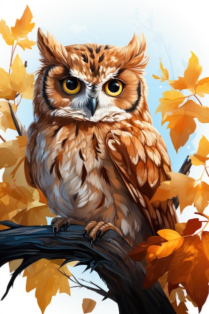 a brown and white owl sitting on a branch a drawing