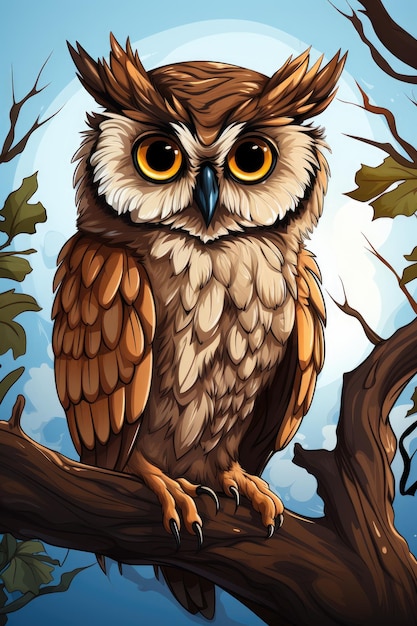 a brown and white owl sitting on a branch a drawing