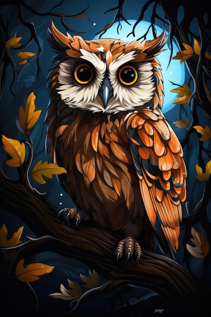 a brown and white owl sitting on a branch a drawing