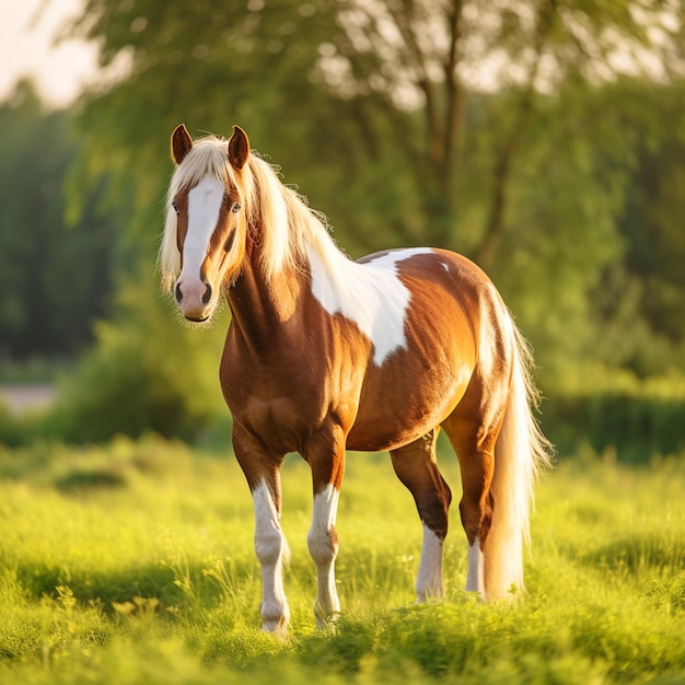 Brown and white piebald horse in the field with trees and blue sky