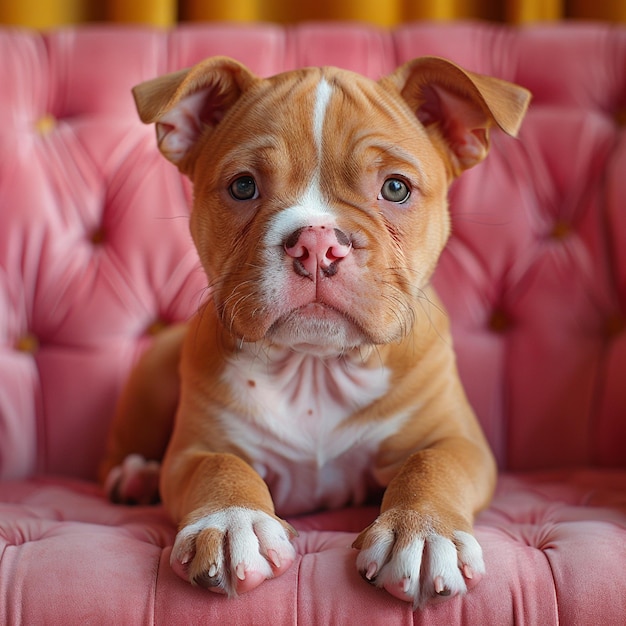 a brown and white puppy is sitting on a pink couch