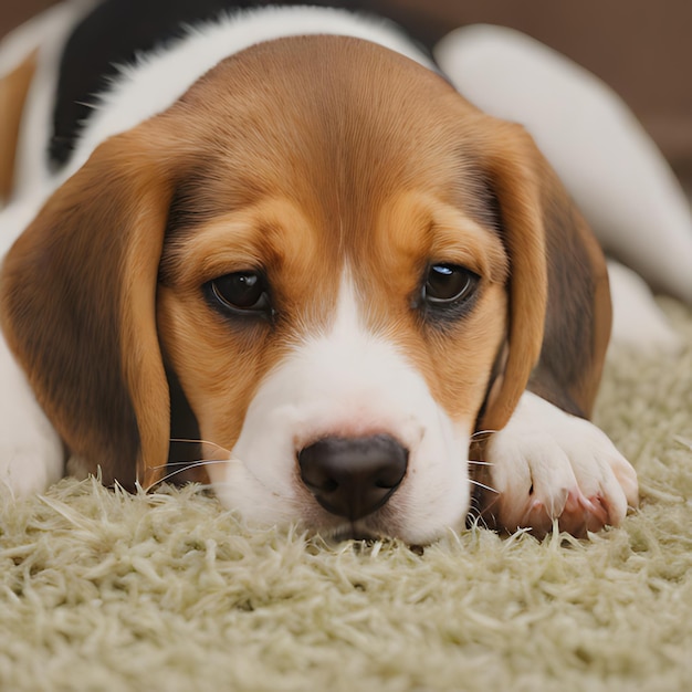 a brown and white puppy laying on a carpet with a black collar