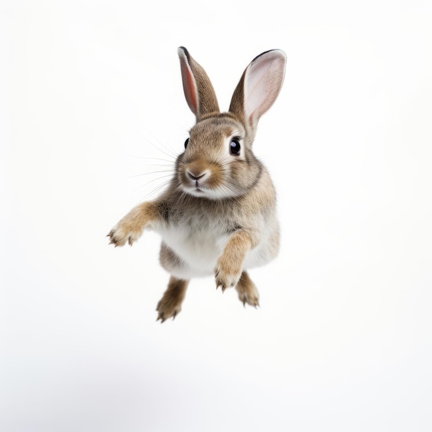 Photo a brown and white rabbit jumping in the air