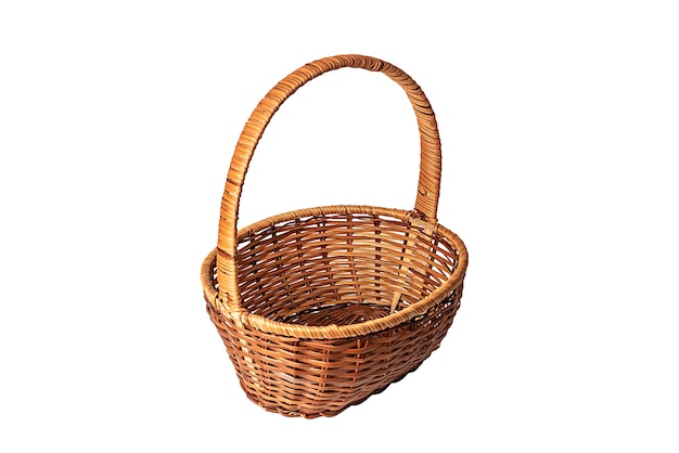 Brown wicker basket. Handmade. On white background.