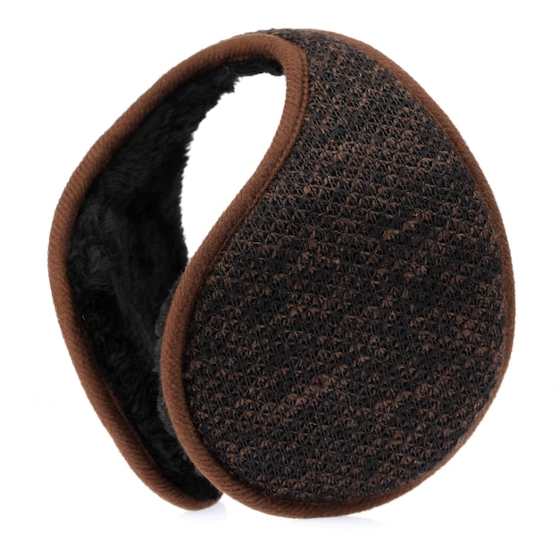 A Brown winter knitted earmuffs isolated on white background.