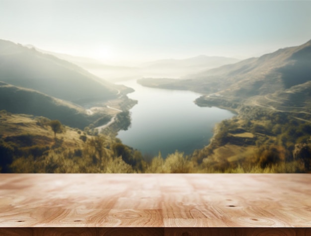 Brown wood table on mountain and lake landscape with empty copy space on the table for product display mockup for relax in holiday or outdoor nature