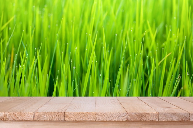 Brown wood table top on bokeh abstract green nature background can be used for montage