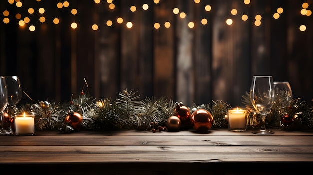 Brown wood table with copy space and christmas room in the background