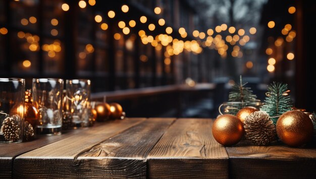 Brown wood table with copy space and christmas room in the background