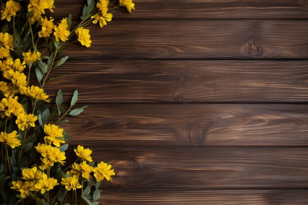 A brown wooden background with yellow flowers and le