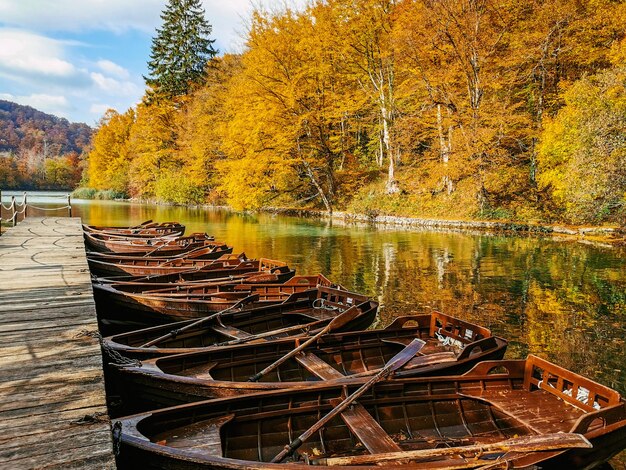 Photo brown wooden boats moored by pier on idyllic lake surrounded with beautiful forest in autumn