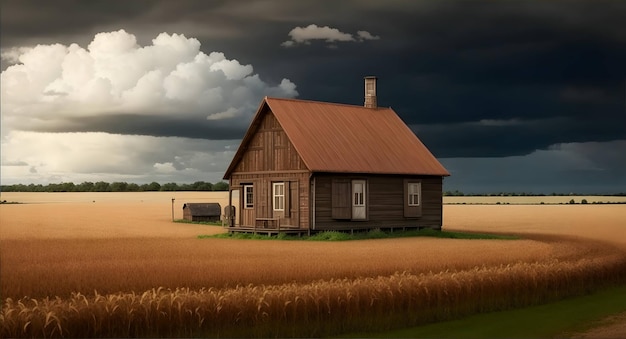 Коричневый деревянный дом на сельскохозяйственных угодьях под облачным небом, сгенерированный искусственным интеллектом