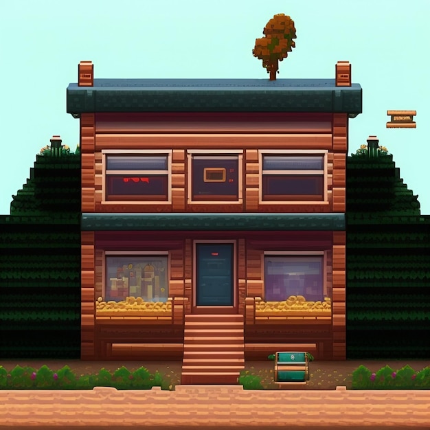 A brown wooden house with a blue roof and a sign that says the word on it