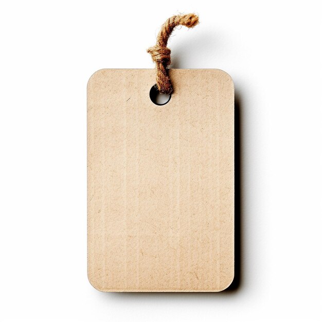 a brown wooden label with a brown string attached to it.