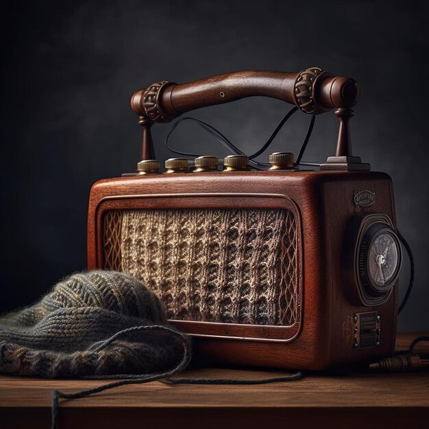 Premium AI Image | A brown wooden radio with a needle and yarn on top.