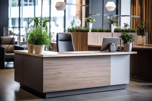 Photo brown wooden reception desk in modern office space generative ai