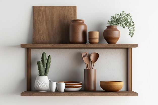 Brown wooden shelf for internal use with white concrete wall for goods display studio space