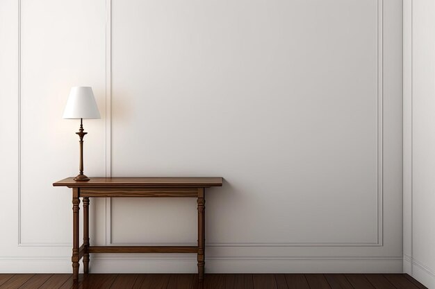 A brown wooden table against a white wall