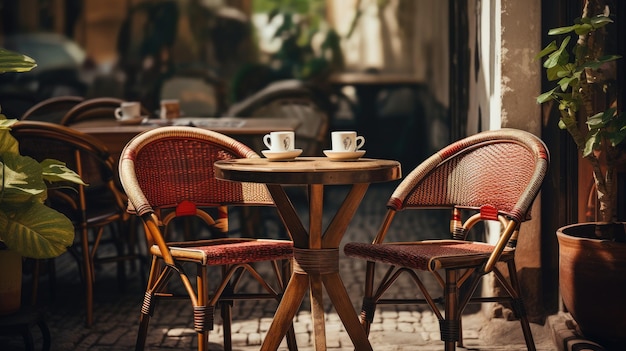 茶色の木製のテーブルとその周りの椅子 夏の屋外カフェのファッショナブルなインテリア