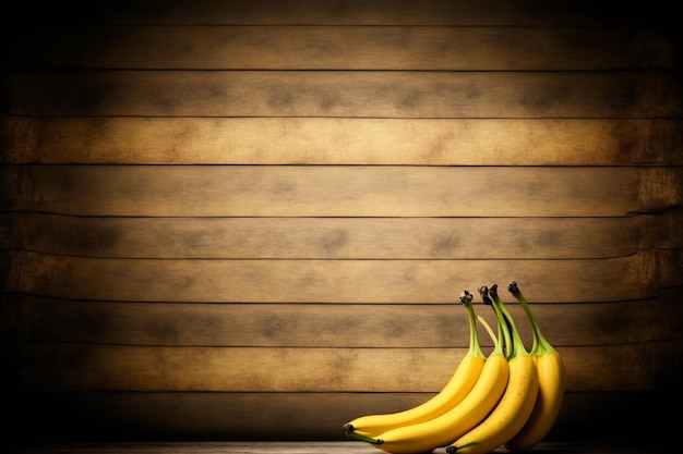 두 개의 노란색 바나나와 텍스트를 위한 여유 공간이 있는 갈색 나무 벽