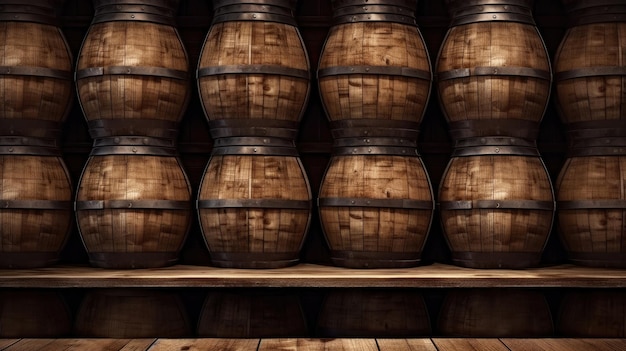 茶色の木製ワイン ビール樽積み上げ背景