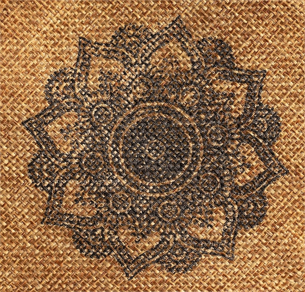 A brown woven basket with a black pattern on it.