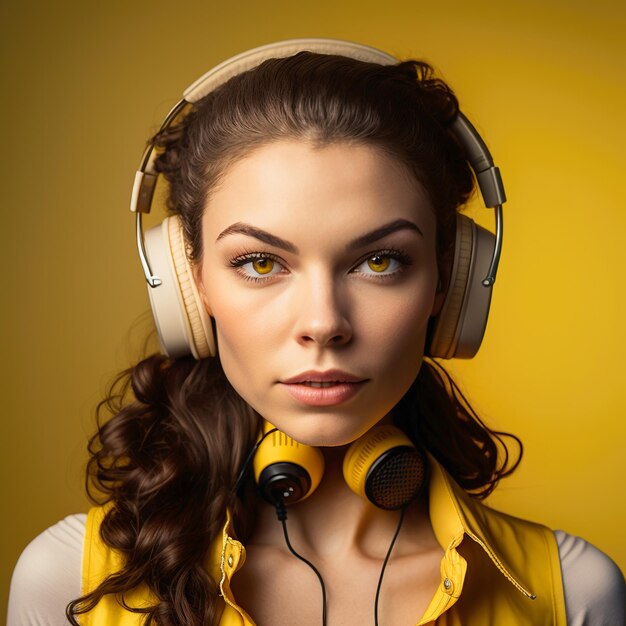 Brownhaired young man with headphones on yellow background