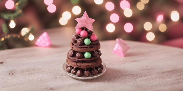 Brownie Christmas tree candy minimalist on the wooden table with bokeh pink lights background