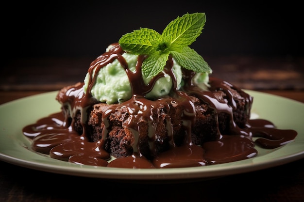 写真 ミントとチョコレートソースのブラウニーデザート