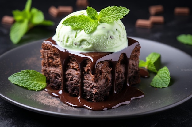 Brownie dessert with mint and chocolate sauce