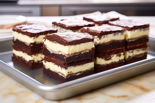 Brownie layers stacked before frosting
